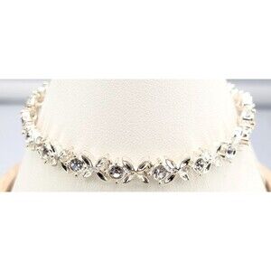 Signed Avon Floral Tennis Bracelet Silver Tone Clear Rhinestone Fold Clasp 7.5